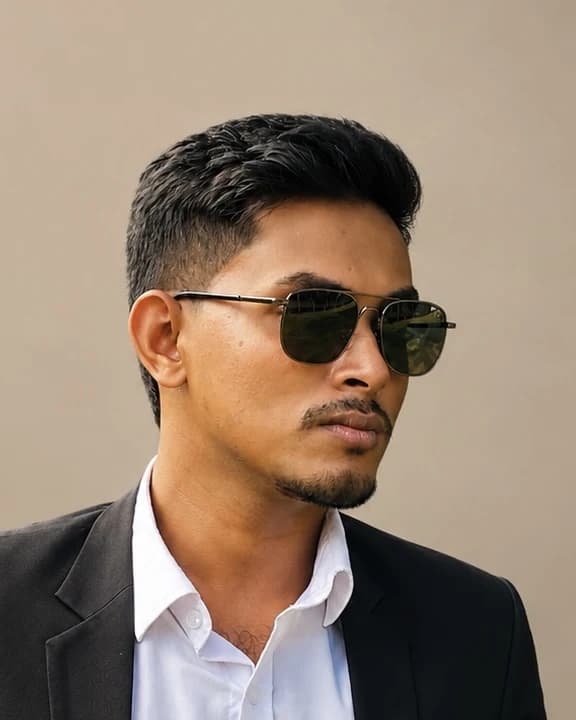 Shaveen Udayanga in a black suit and white shirt against a plain wall